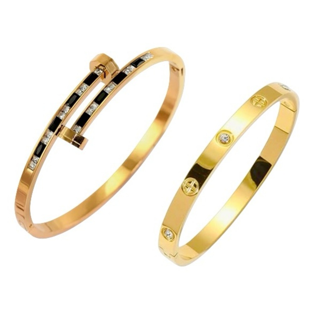 Black and White CZ Nail Gold Bangle Set Stainless Steel